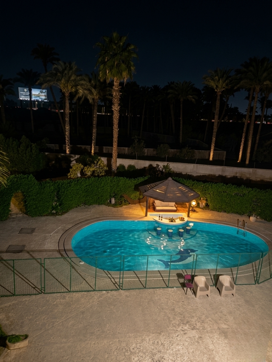 منظر علوي لمسبح المركز الخاص مع الجلسة المضاءة وأشجار النخيل