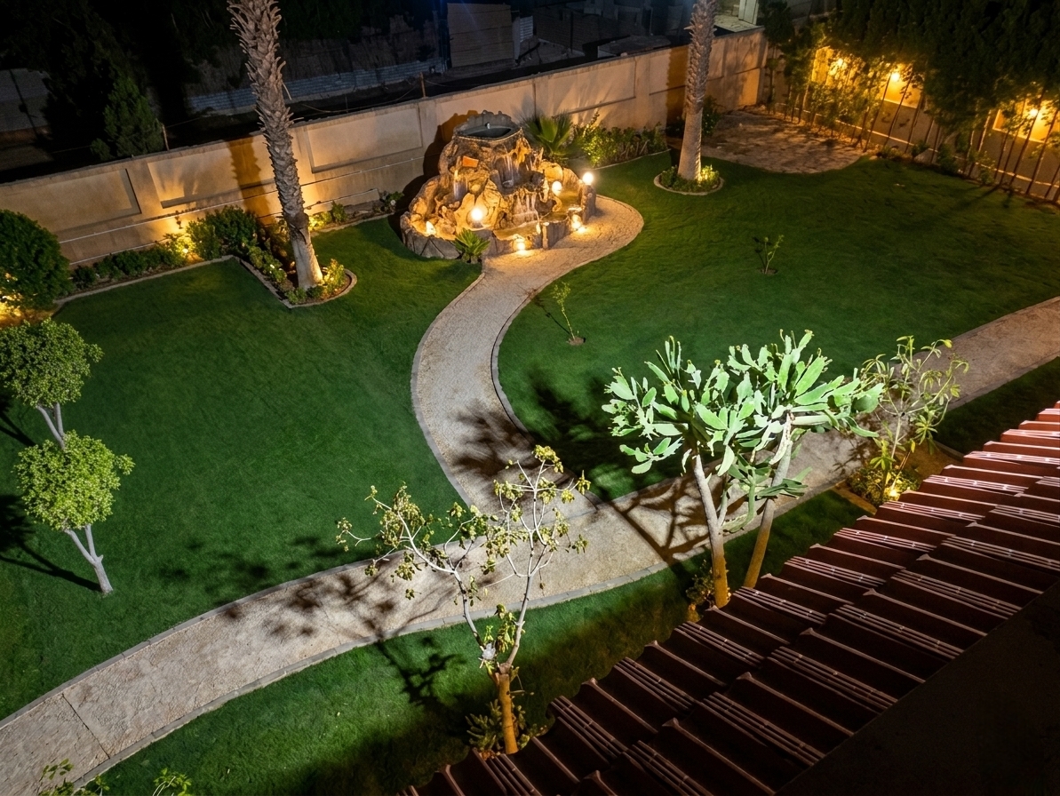 حديقة المركز العلوية مع نافورة صخرية وممشى حجري ليلاً