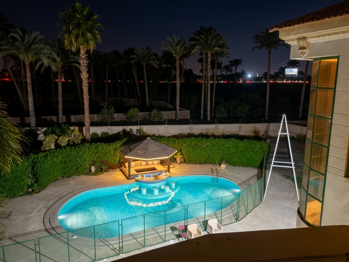 المسبح ومنطقة الاسترخاء مع نخيل في الخلفية ومبنى المركز